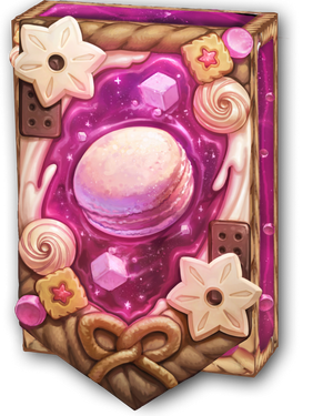 A pink glazed gingerbread cookie deckbox with icing swirls and a pink macaroon on the cover.