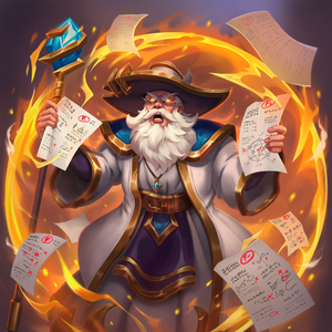 An angry Wizard Headmaster with a flurry of failed tests swirling around him