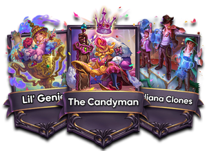 Three Captain cards with tournament-themed alternate-artwork: The Candyman shows him kneeling down with his cookie swork, recieving a glowing pink crown; Lil' Genie sits inside a golden trophy; and the three Indiana Clones stand on a winners' podium, clutching Constellation Prize trophies.