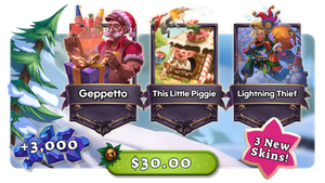 Store graphic showing the 3 holiday skins listed below and 3000 gems for $30