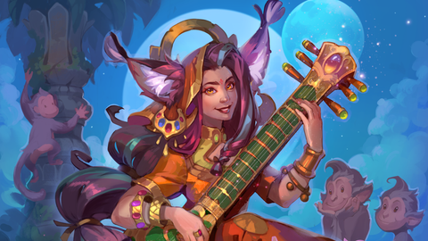A furry eared woman playing a lute with dancing cute monkies all around.