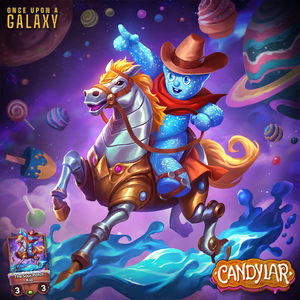 a sour patch kid candy riding on a horse riding through space