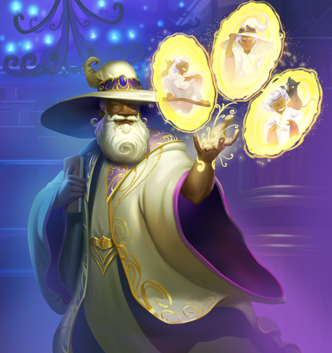 A benevolent wizard with 3 glowing orbs around him showing his students