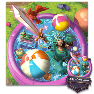 Lady of the Lake extending Excalibur through a pink kiddie pool past beach balls and a frog on an inflatable raft