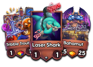 Cards for Laser Shark, Tribble Trouble, and Bahamut each show a stylized signature over their artwork.