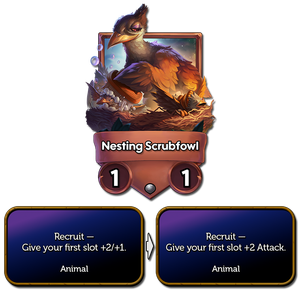 Before/after of Nesting Scrubfowl's change. It now gives a slot +2 attack (was +2/+1)