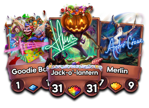 Goodie Bag, Jack-o'-lantern, and Merlin are three of the artist-signed prizes. Artists' stylized signatures appear over the cards' artwork.