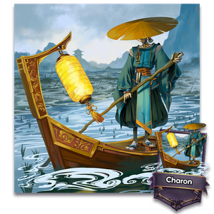 Charon riding a japanese boat with a lantern, wearing a kimono and a giant flat straw hat.
