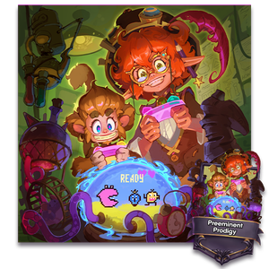 Lucky Leprechaun striking a dance move on top of his pot of gold with his charms swirling around him.