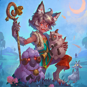 A werewolf young lad surrounded by his red eyed sheep