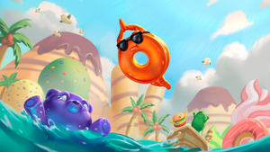 An orange circular candy diving into a jelly ocean to save a drowning gummy bear