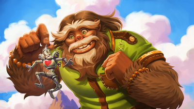 A large furry giant picking up the tin man with a caring look on his face.